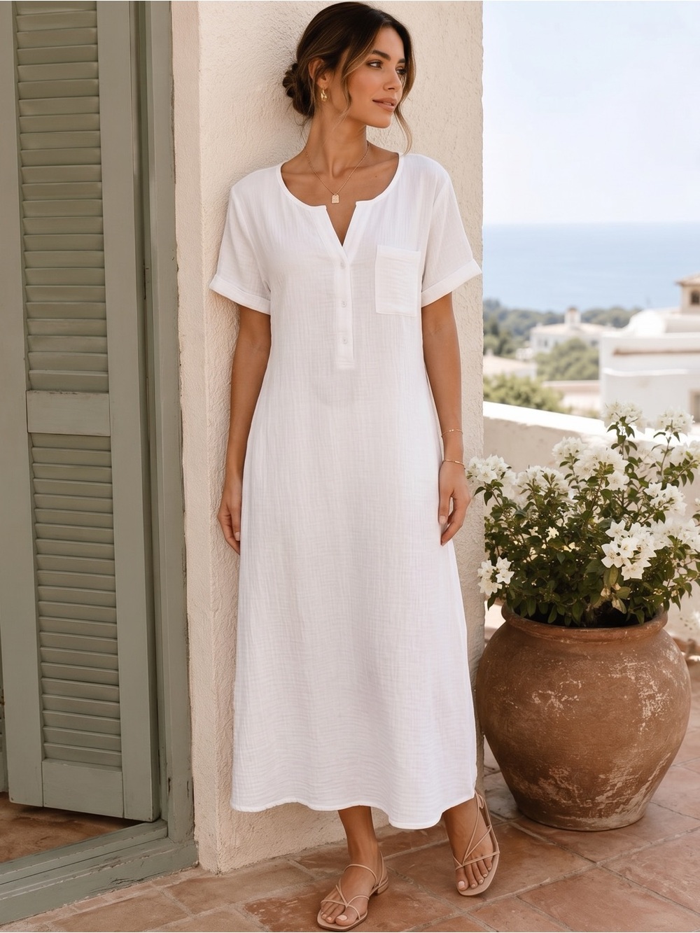 NWT NORACORA White Cotton Midi Shirt Dress